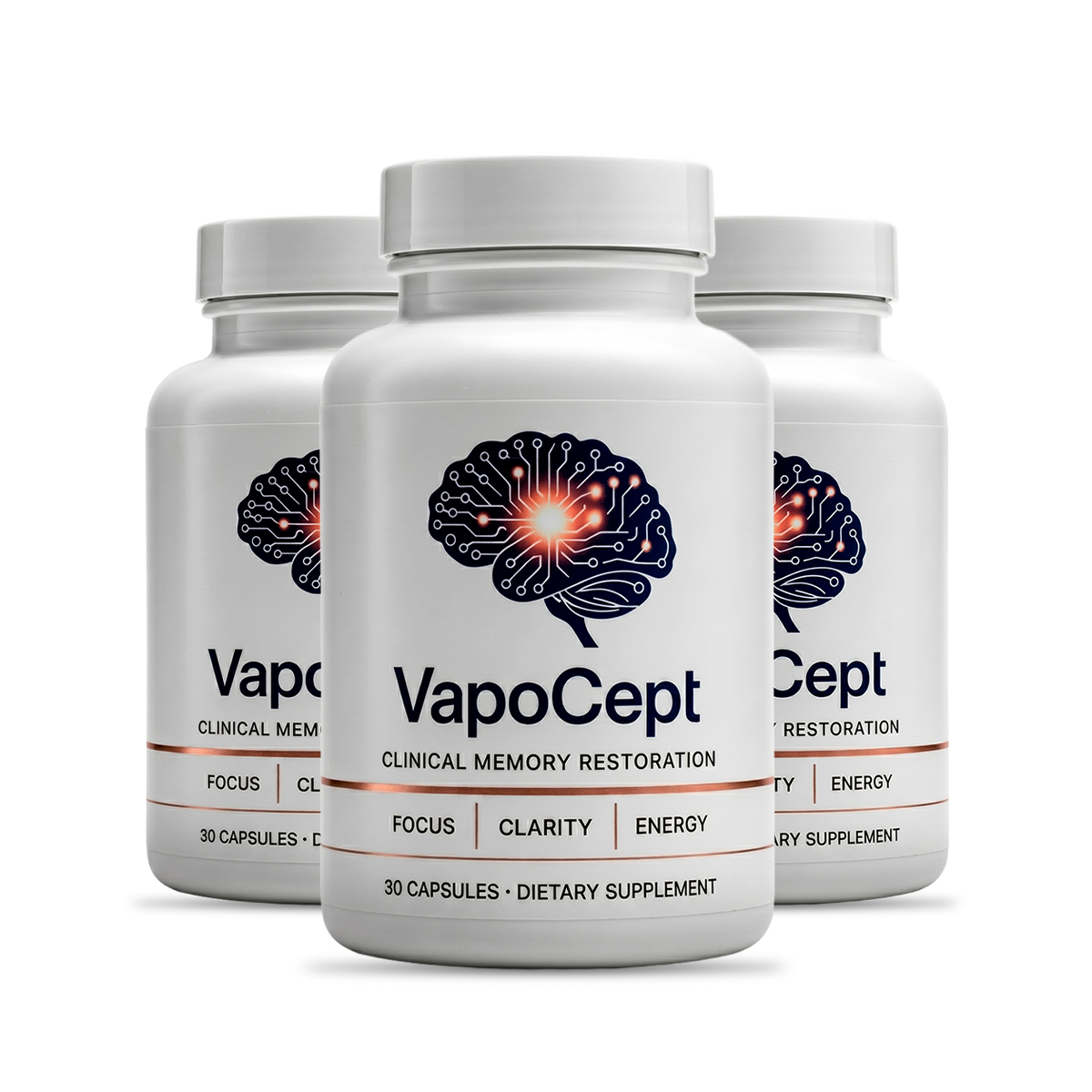 Three bottles of Vapocept brain health support capsules, official bundle